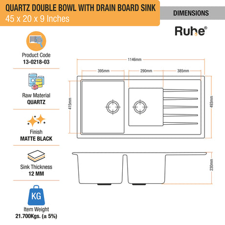 Quartz Double Bowl with Drainboard Kitchen Sink - Matte Black (45 x 20 x 9 inches) - by Ruhe