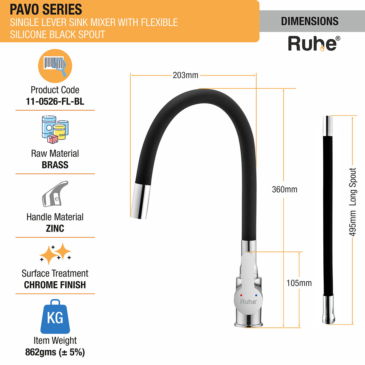 Pavo Single Lever Sink Mixer with Silicone Black Flexible Spout dimensions and sizes