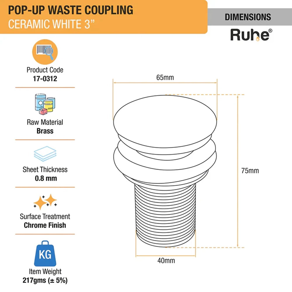 Brass Ceramic Pop-up Waste Coupling for Wash Basin (3 Inches) – White