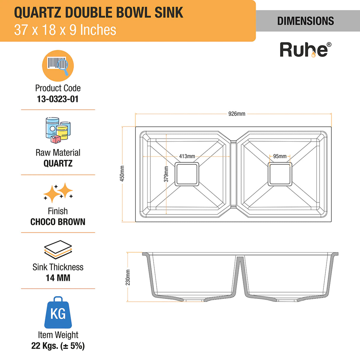 Quartz Double Bowl Kitchen Sink - Choco Brown (37 x 18 x 9 inches) - by Ruhe®