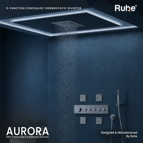 Aurora 5-Function thermostatic diverter on a tiled shower wall with the rain shower running
