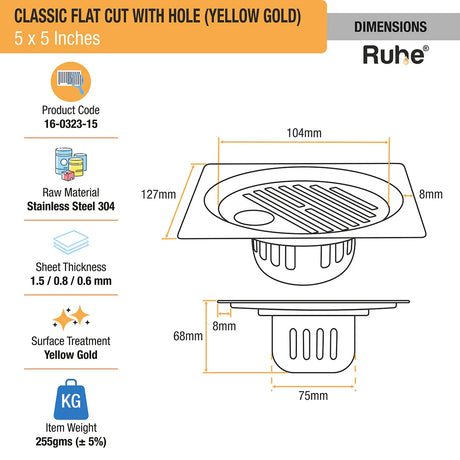 Classic Square Flat Cut Floor Drain in Yellow Gold PVD Coating (5 x 5 Inches) with Hole dimensions and sizes