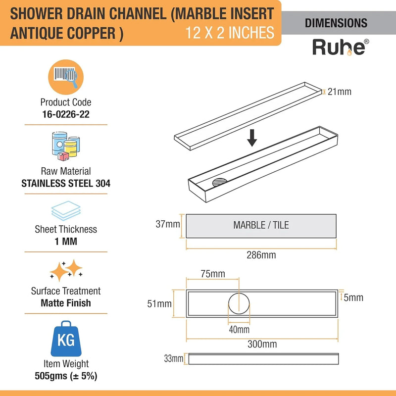 Marble Insert Shower Drain Channel (12 x 2 Inches) Antique Copper PVD Coated - by Ruhe