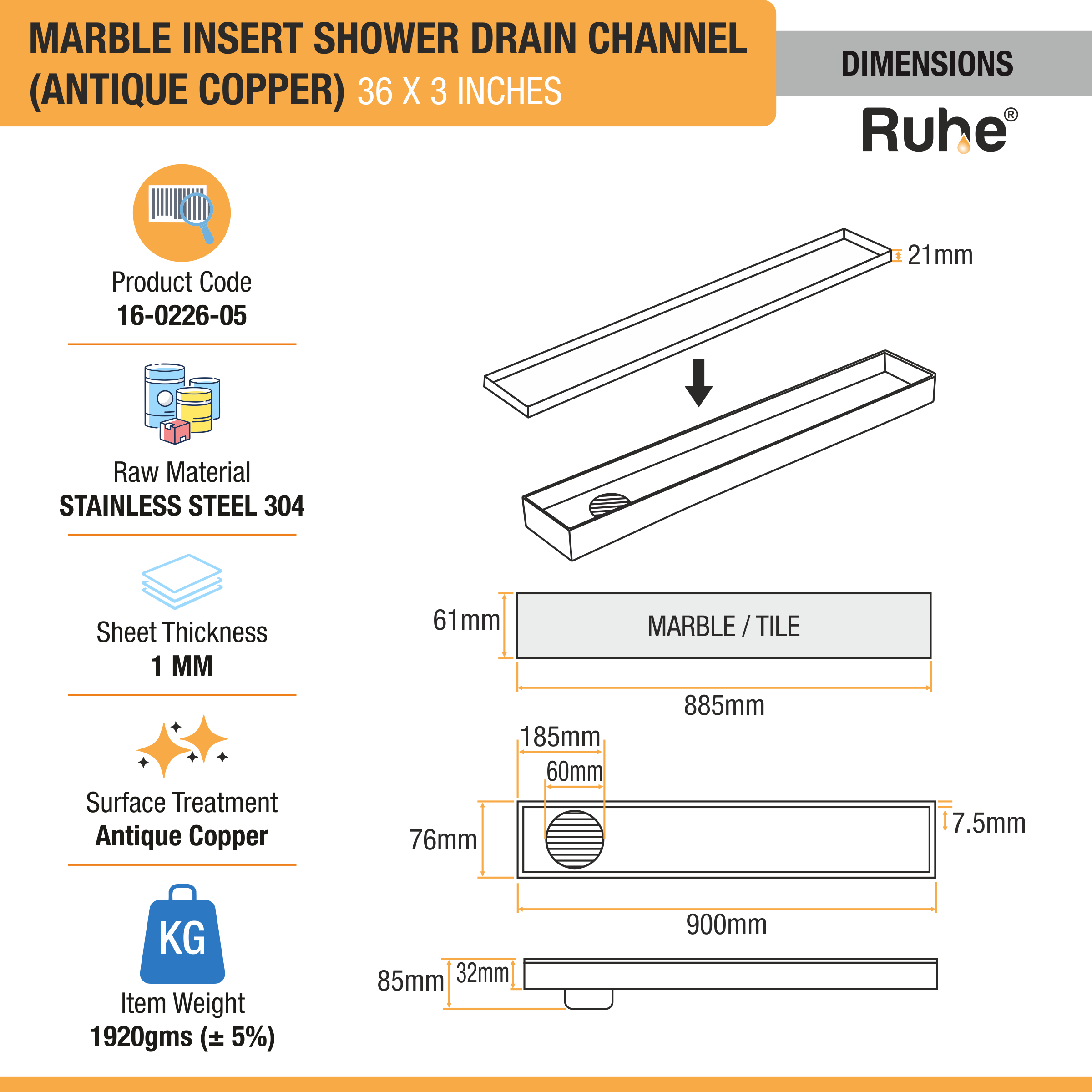 Marble Insert Shower Drain Channel (36 x 3 Inches) ROSE GOLD PVD Coated dimensions and sizes