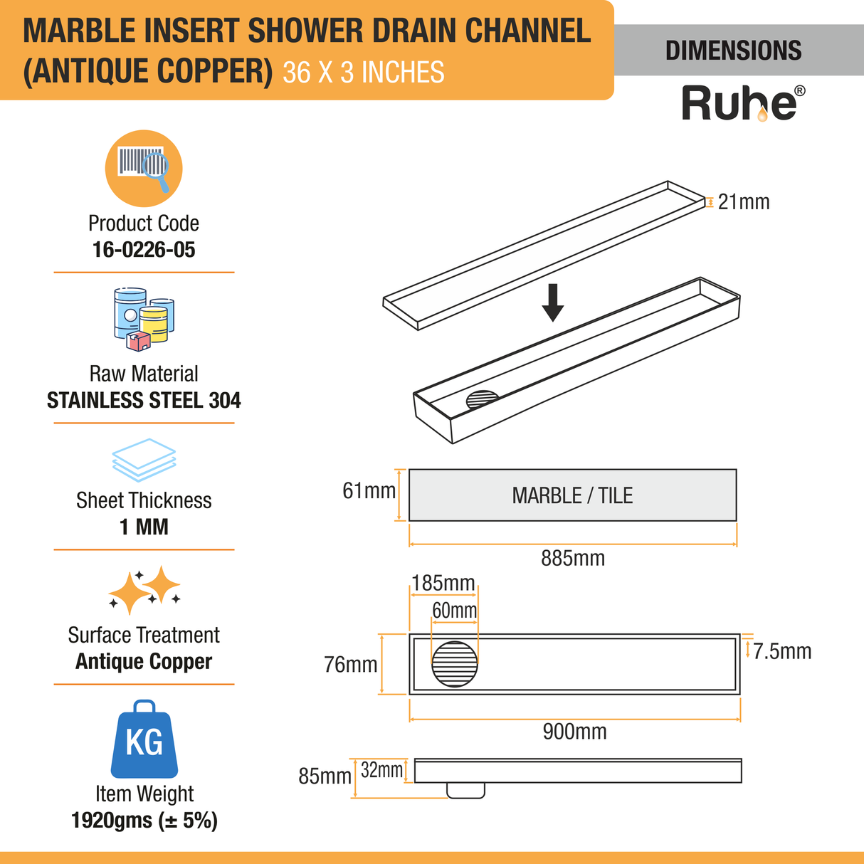 Marble Insert Shower Drain Channel (36 x 3 Inches) ROSE GOLD PVD Coated - by Ruhe®