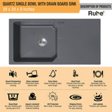Quartz Single Bowl with Drainboard Kitchen Sink - Smoke Grey (39 x 20 x 9 inches) - by Ruhe®