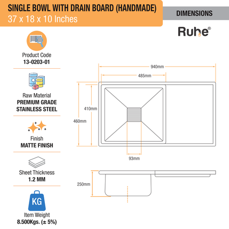 Handmade Single Bowl with Drainboard (37 x 18 x 10 Inches) Kitchen Sink - by Ruhe