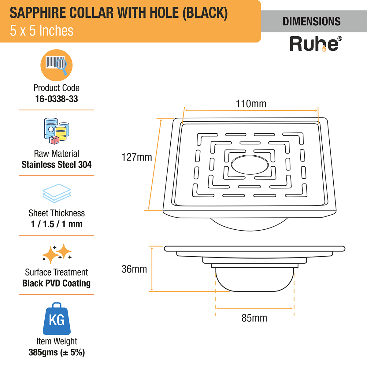 Sapphire Square 304-Grade Floor Drain in Black PVD Coating (5 x 5 Inches) with Hole - by Ruhe