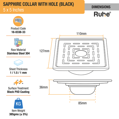 Sapphire Square 304-Grade Floor Drain in Black PVD Coating (5 x 5 Inches) with Hole dimensions and sizes