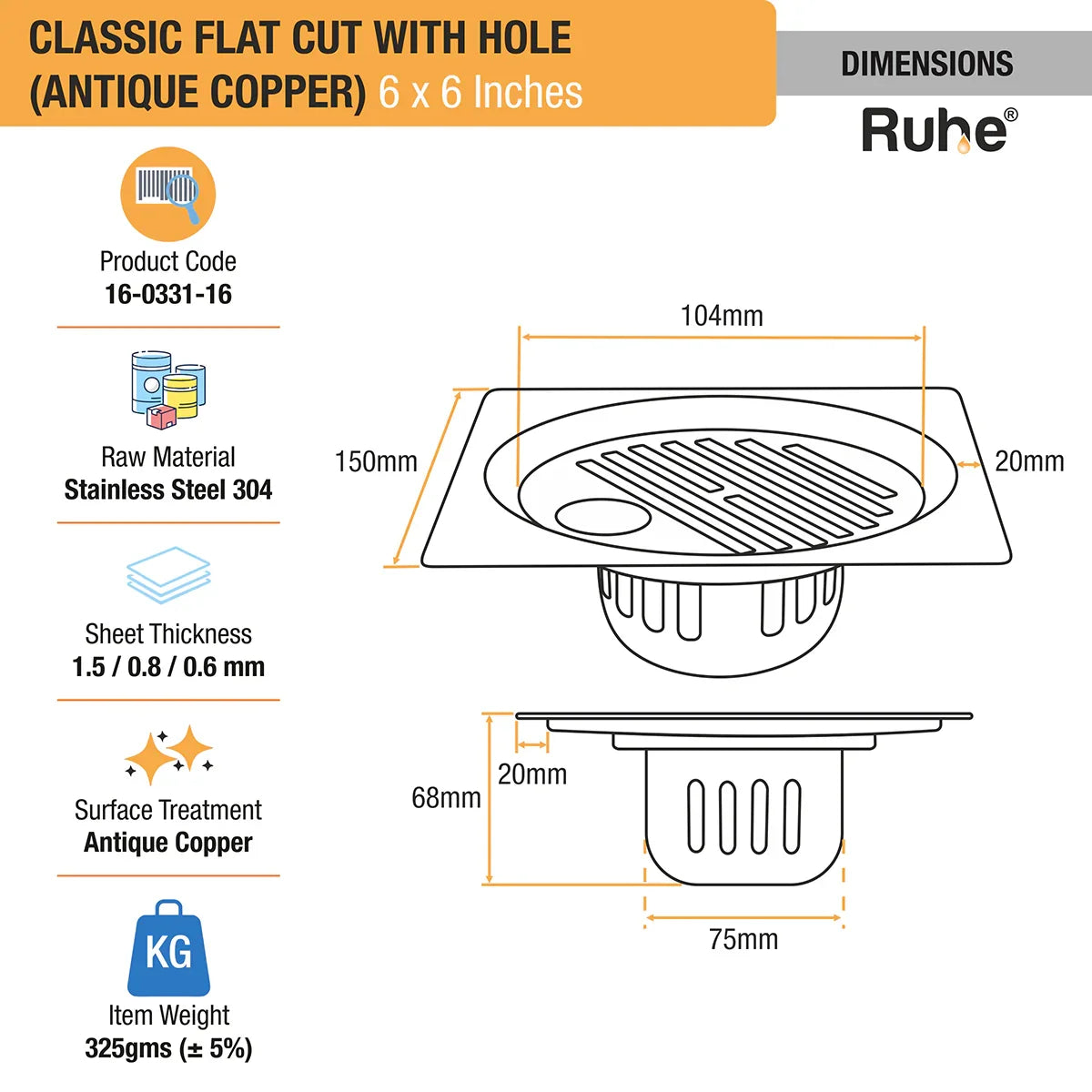 Classic Square Flat Cut Floor Drain in Antique Copper PVD Coating (6 x 6 Inches) with Hole - by Ruhe