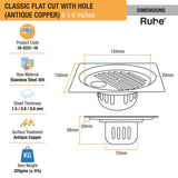 Classic Square Flat Cut Floor Drain in Antique Copper PVD Coating (6 x 6 Inches) with Hole dimensions and sizes