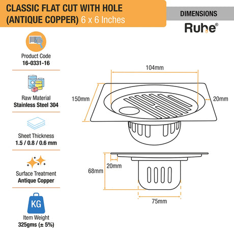 Classic Square Flat Cut Floor Drain in Antique Copper PVD Coating (6 x 6 Inches) with Hole dimensions and sizes