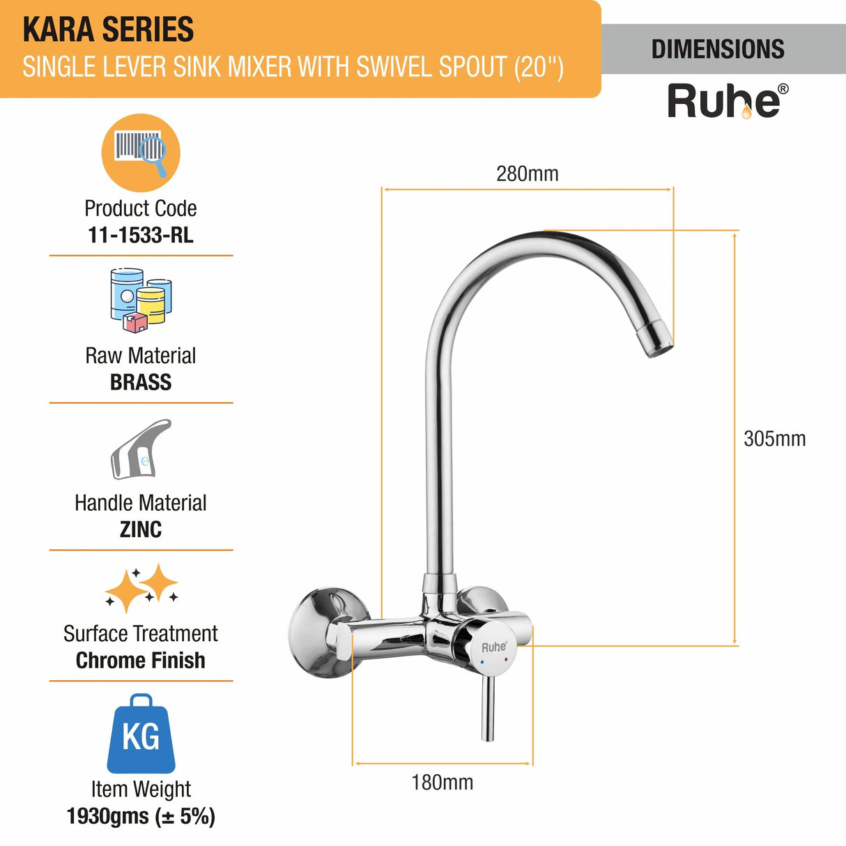 Kara Single Lever Wall-mount Kitchen Sink Mixer Tap with Swivel Spout