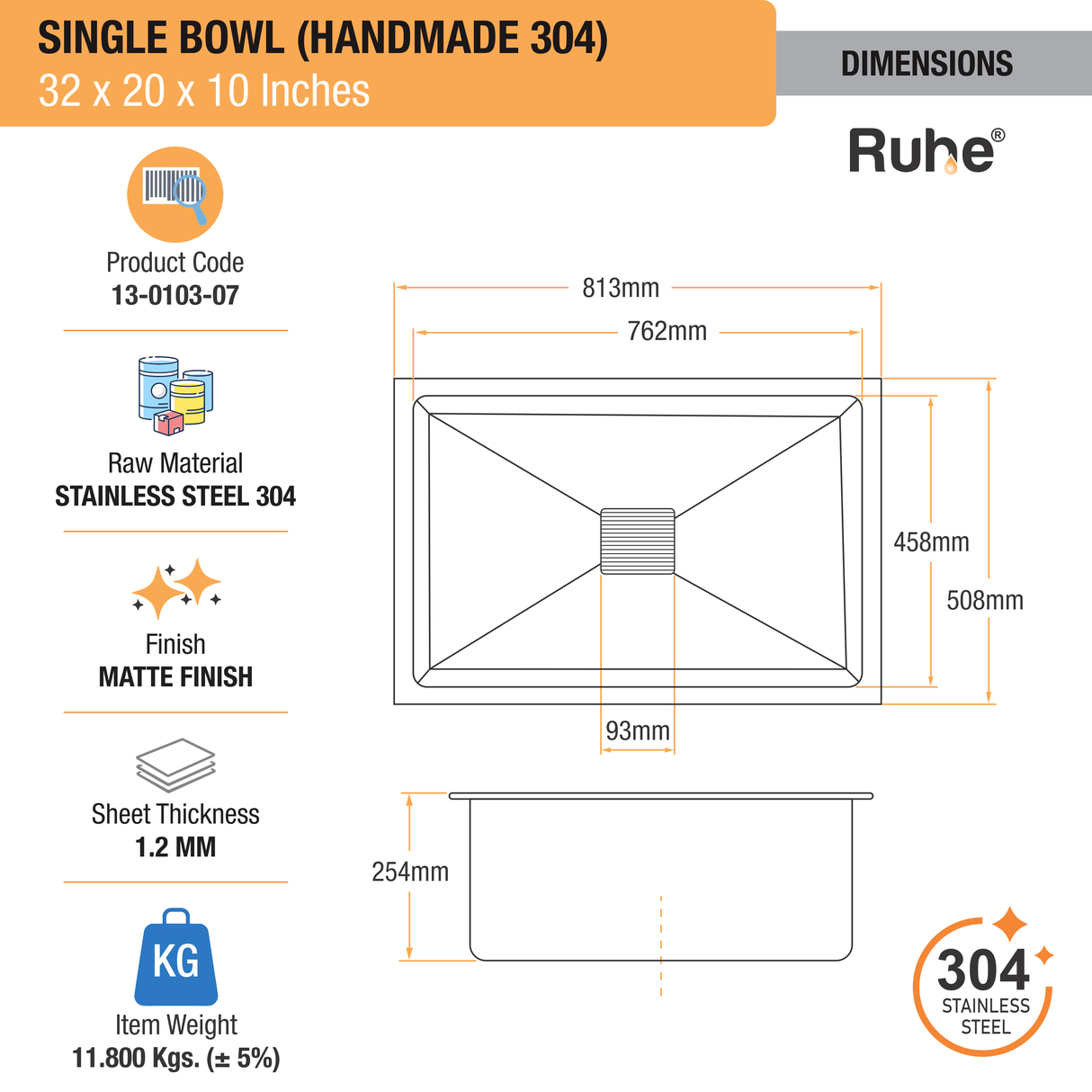 Handmade Single Bowl 304-Grade  Kitchen Sink (32 x 20 x 10 Inches) - by Ruhe