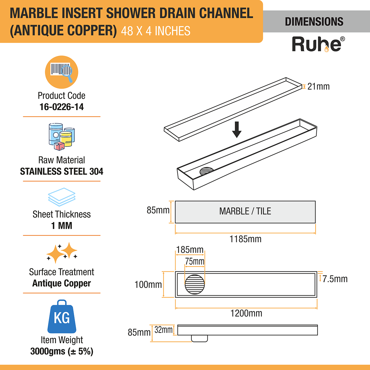 Marble Insert Shower Drain Channel (48 x 4 Inches) ROSE GOLD PVD Coated - by Ruhe®