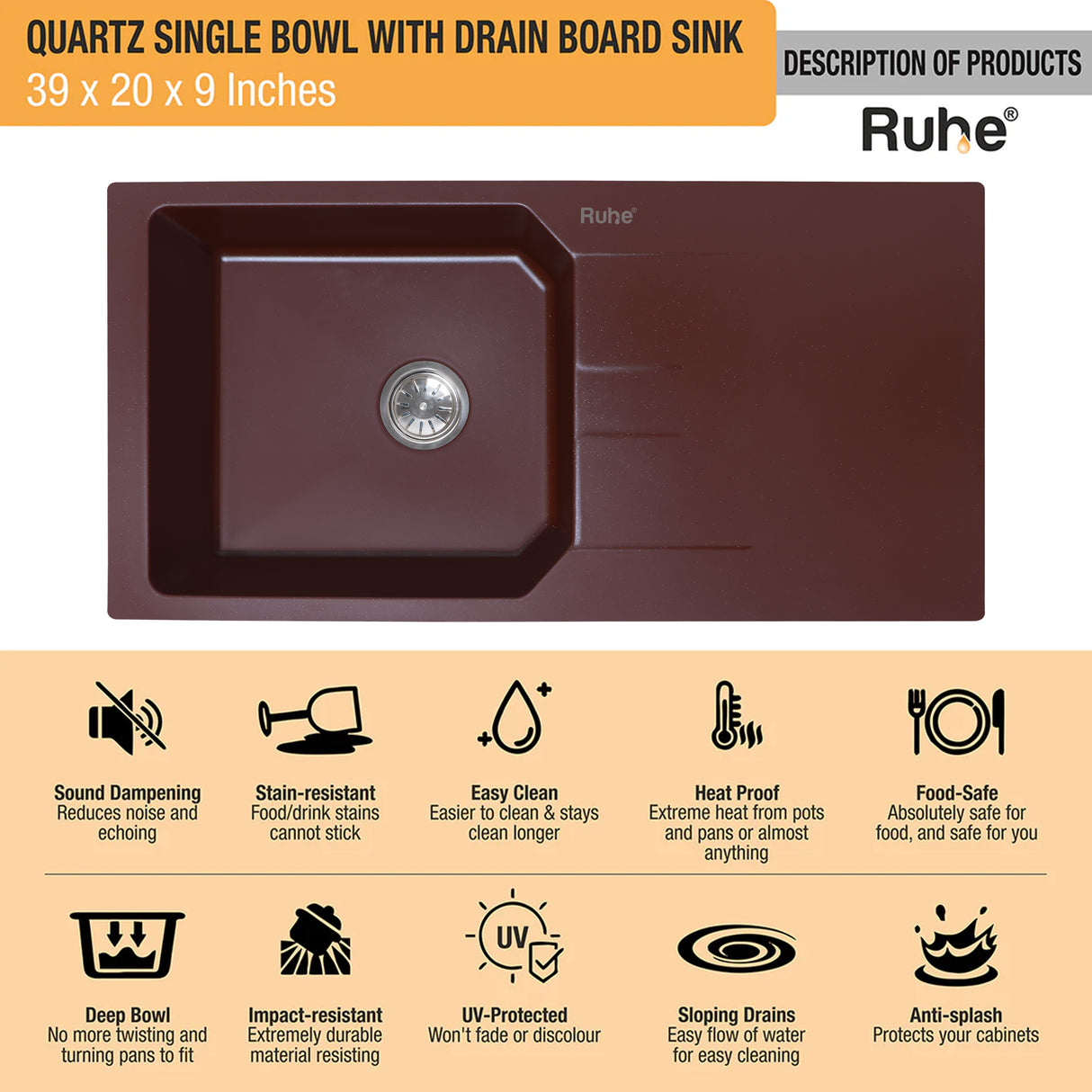 Quartz Single Bowl with Drainboard Kitchen Sink - Choco Brown (39 x 20 x 9 inches) - by Ruhe