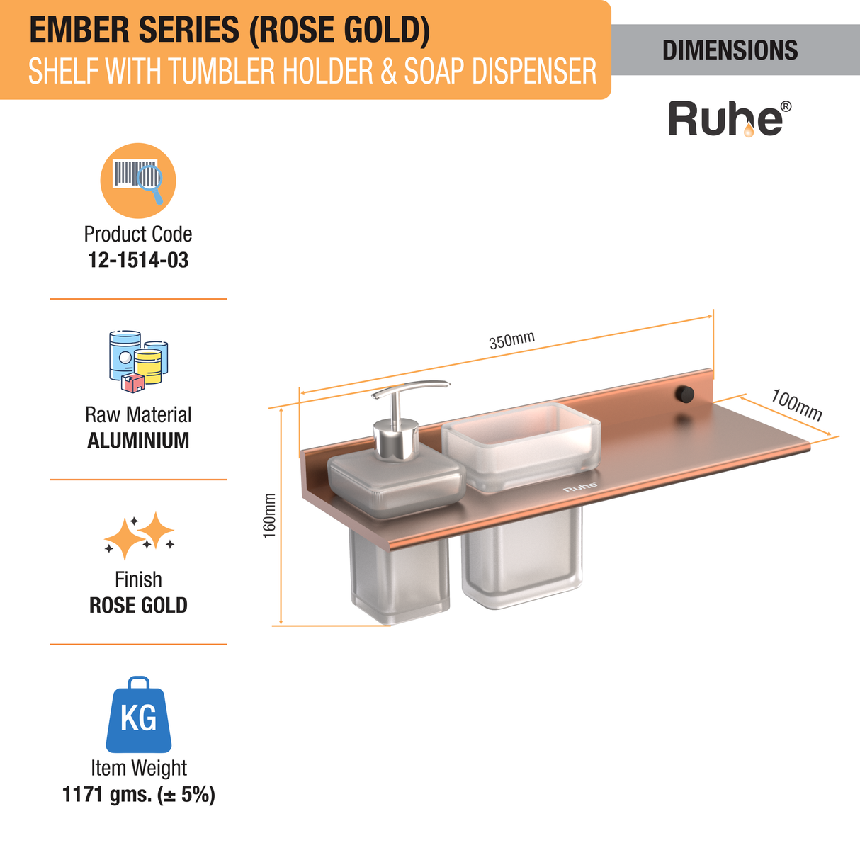 Ember Rose Gold Shelf with Tumbler Holder & Soap Dispenser (Space Aluminium) - by Ruhe®