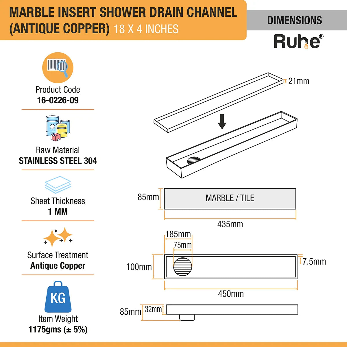 Marble-Insert Shower Drain Channel (4 Inches)