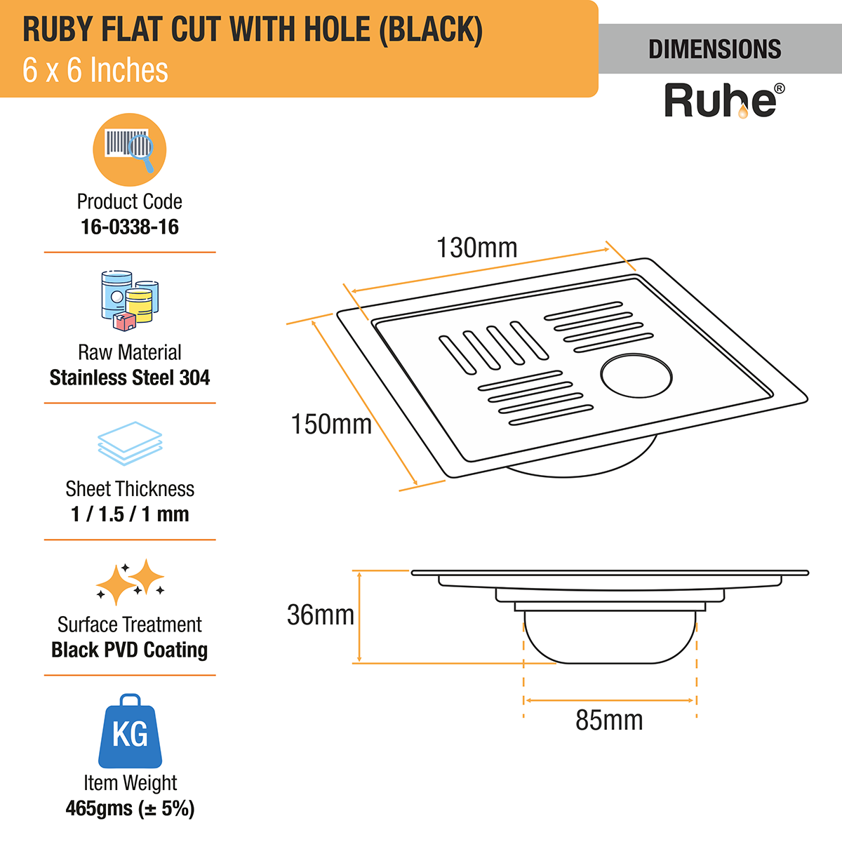 Ruby Square Flat Cut Floor Drain in Black PVD Coating (6 x 6 Inches) with Hole - by Ruhe