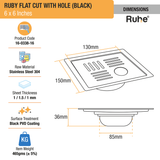 Ruby Square Flat Cut Floor Drain in Black PVD Coating (6 x 6 Inches) with Hole - by Ruhe