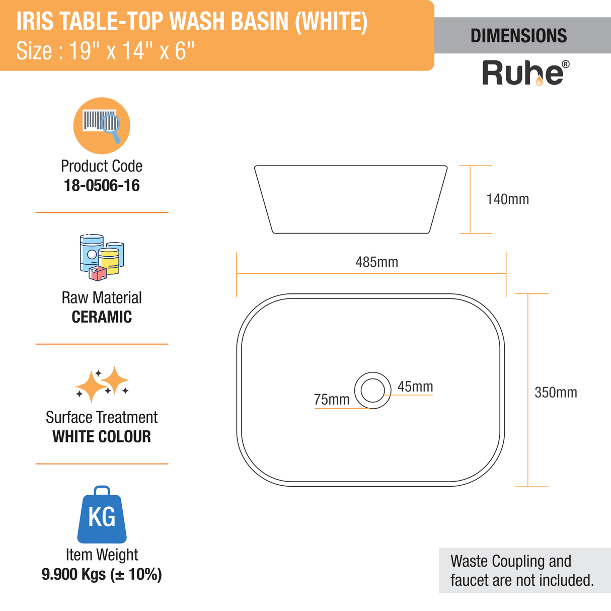 Iris Table-Top Wash Basin (White) - by Ruhe