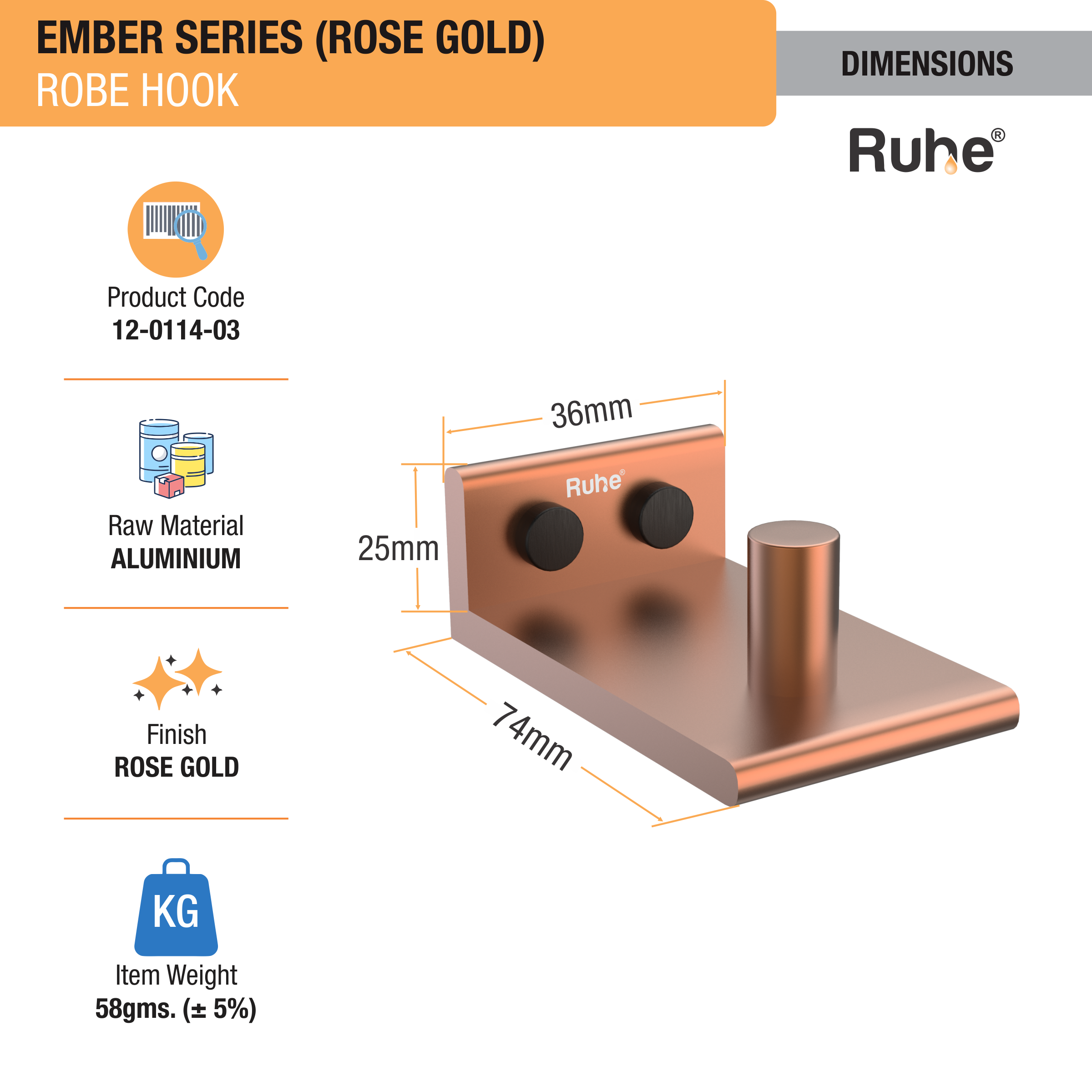 Ember Rose Gold Robe Hook (Space Aluminium) dimensions and sizes
