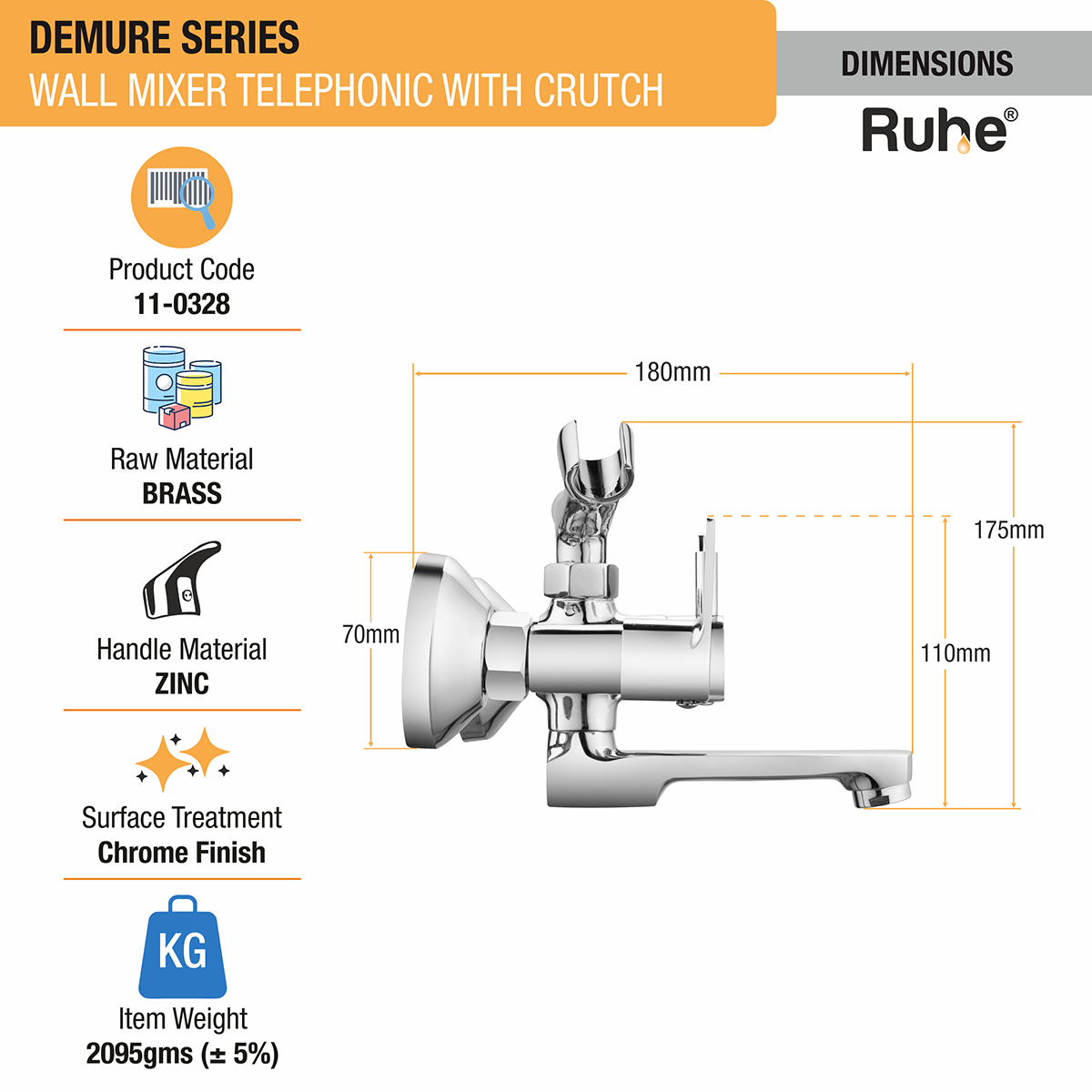 Demure Telephonic Wall Mixer Tap with Crutch - by Ruhe®