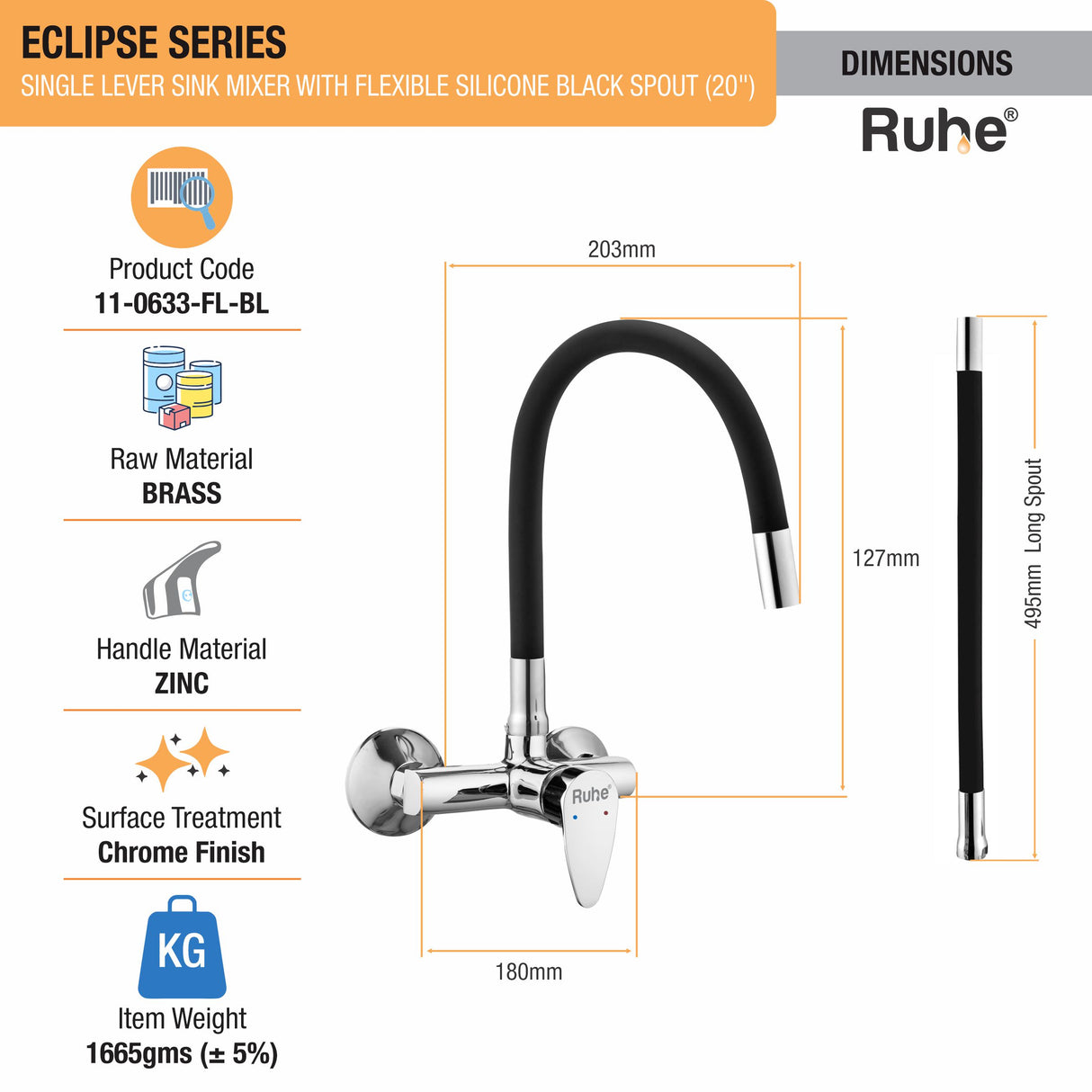 Eclipse Single Lever Wall-mount Sink Mixer Brass Faucet with Black Silicone Spout - by Ruhe®