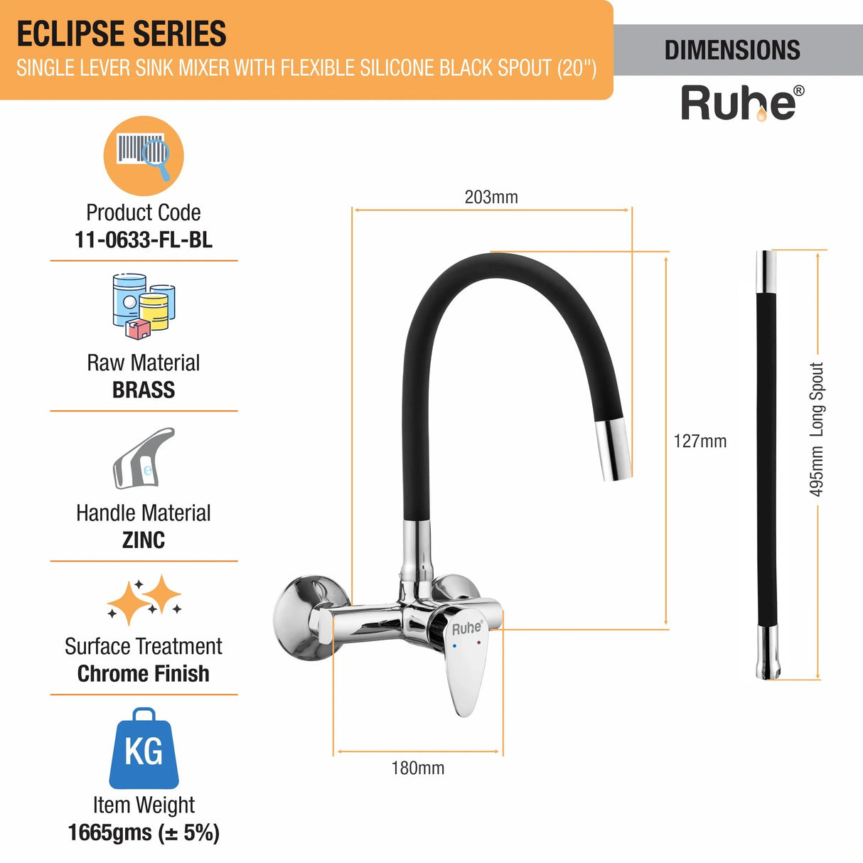 Eclipse Single Lever Wall-mount Kitchen Sink Mixer Tap with Coloured Silicone Spout