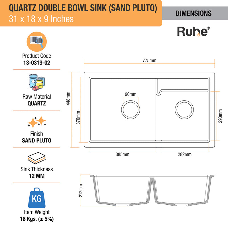 Quartz Double Bowl Kitchen Sink (31 x 18 x 9 Inches)