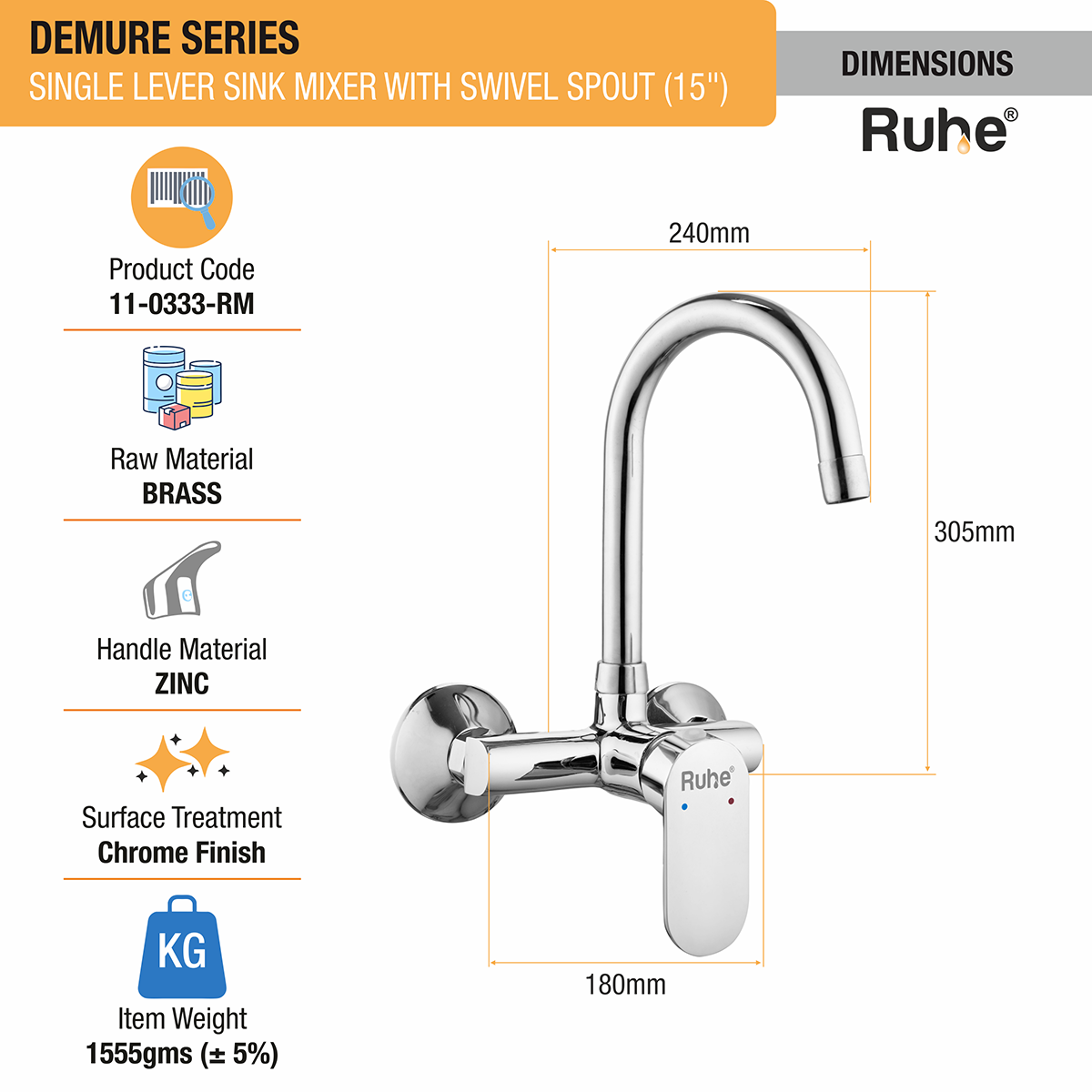 Demure Single Lever Wall-mount Brass Mixer Faucet with Swivel Spout (15 Inches) - by Ruhe®