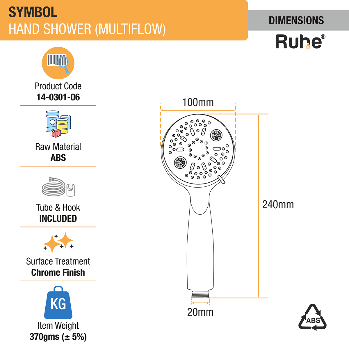 Symbol ABS Multi-Flow Hand Shower with Flexible Tube (304 Grade) and Hook dimensions and sizes