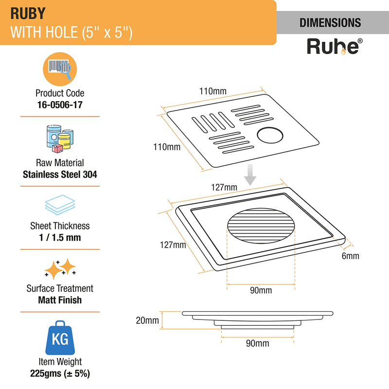 Ruby Square 304 Grade Floor Drain with Hole (5 x 5 Inches) - by Ruhe