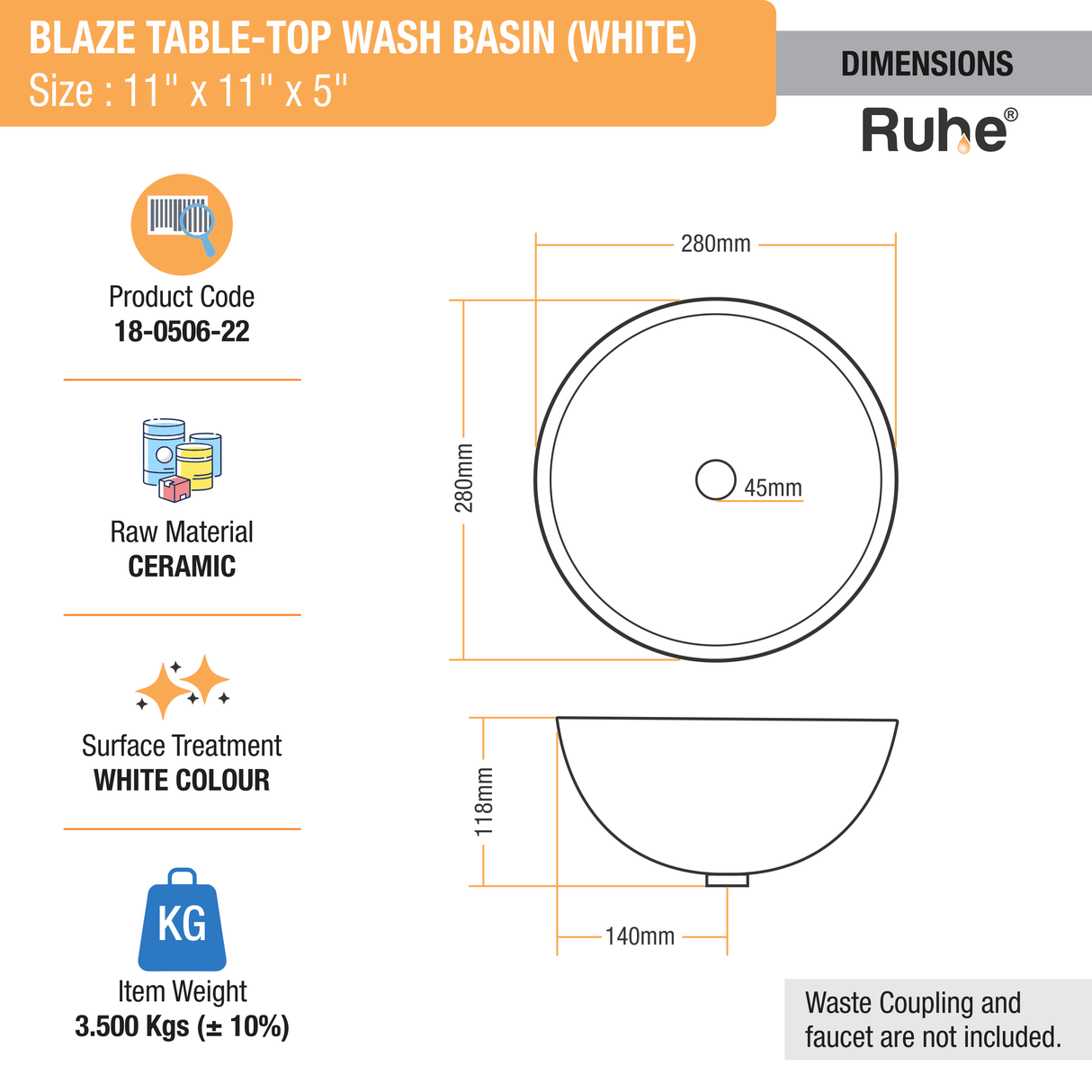 Blaze Table Top Wash Basin (White) - by Ruhe