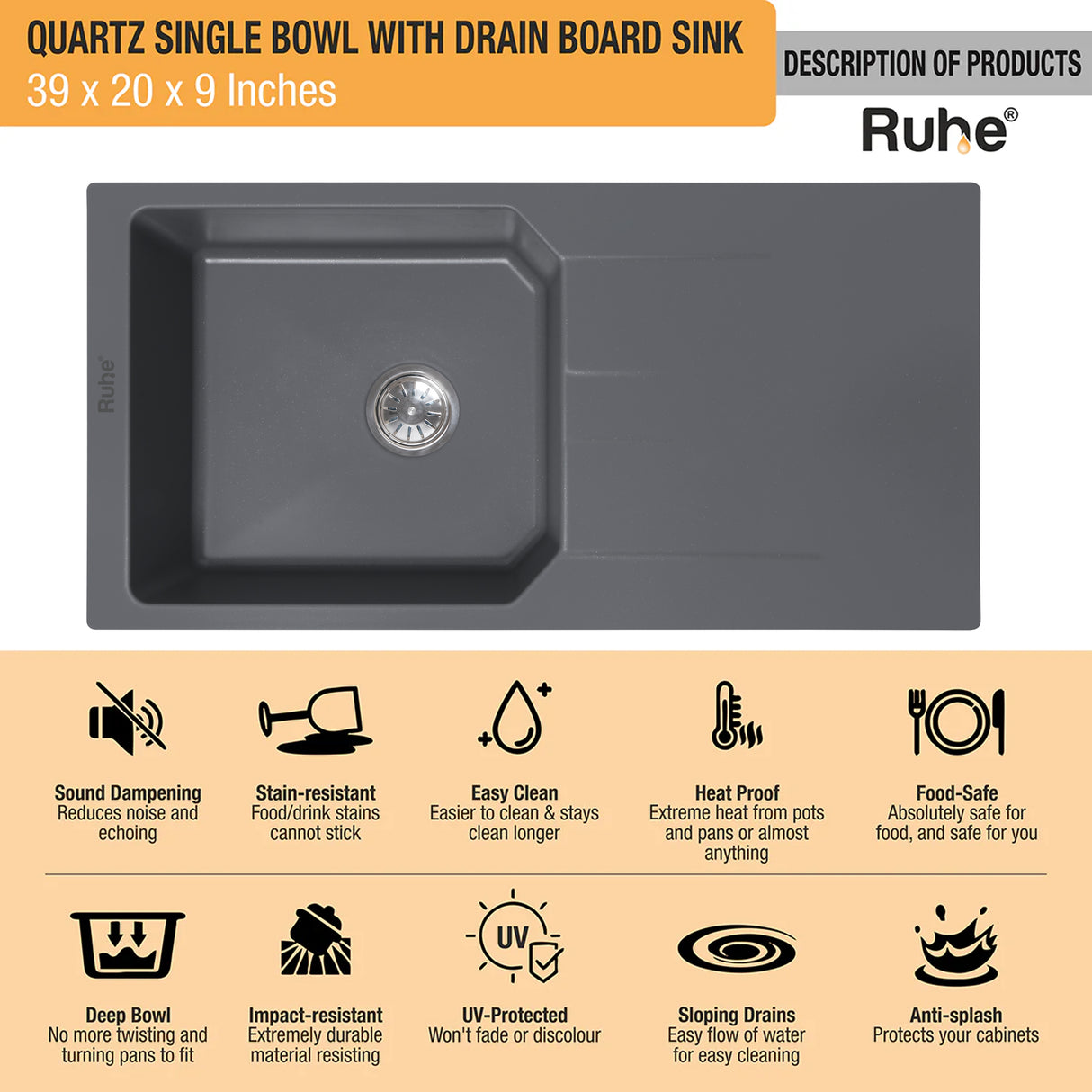 Quartz Single Bowl with Drainboard Kitchen Sink - Smoke Grey (39 x 20 x 9 inches) - by Ruhe