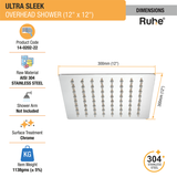 Ultra Sleek 304-Grade Overhead Shower (12 x 12 inches) dimensions and sizes
