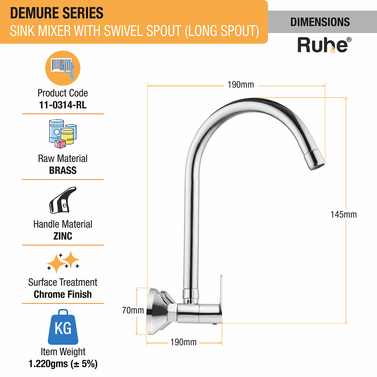 Demure Sink Mixer Brass Faucet with Large (20 inches) Round Swivel Spout - by Ruhe®