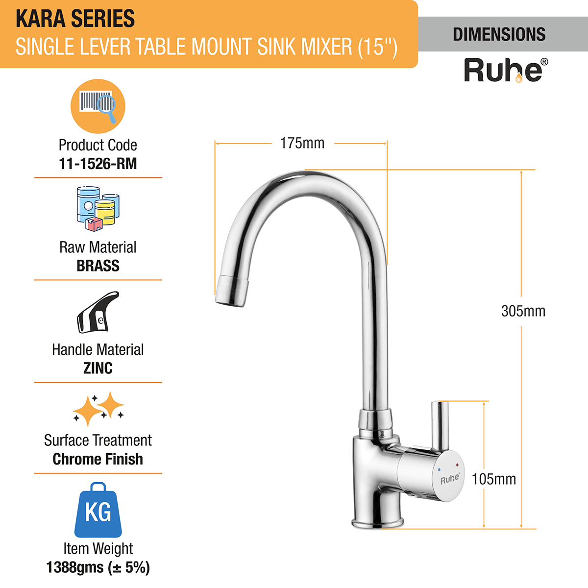 Kara Single Lever Table-Mount Sink Mixer with Medium (15 Inches) Round Swivel Spout Brass Faucet dimensions and sizes