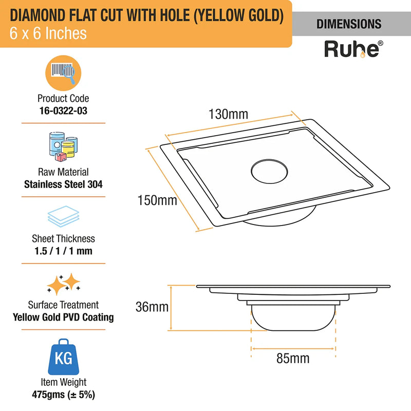 Diamond Square Flat Cut Floor Drain in Yellow Gold PVD Coating (6 x 6 Inches) with Hole - by Ruhe