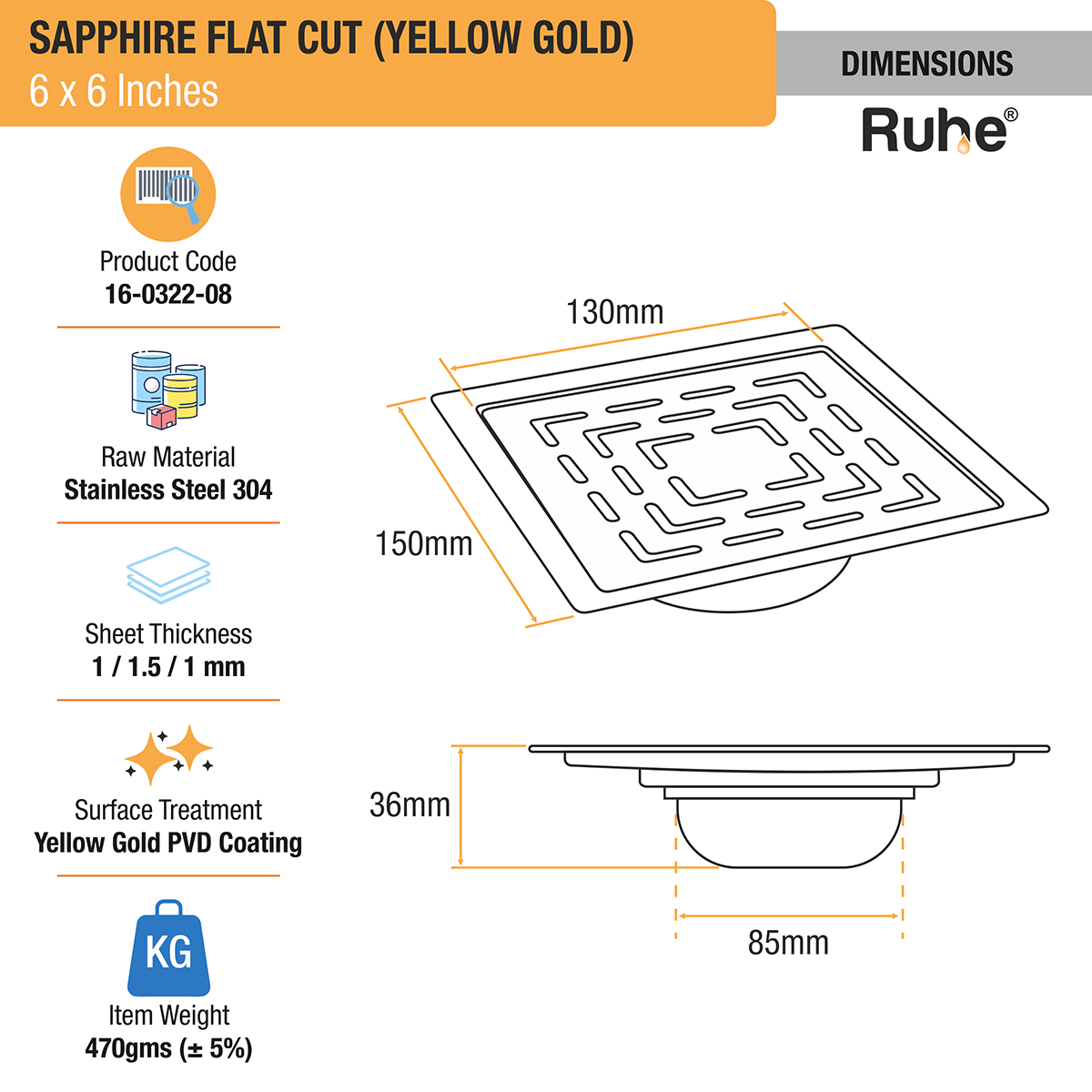 Sapphire Square Flat Cut Floor Drain in Yellow Gold PVD Coating (6 x 6 Inches) dimensions and sizes