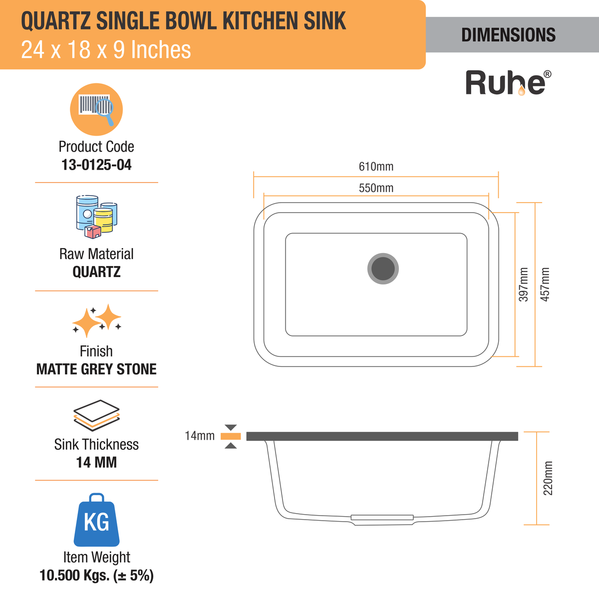 Quartz Single Bowl Grey Stone Round Kitchen Sink (24 x 18 x 9 Inches)