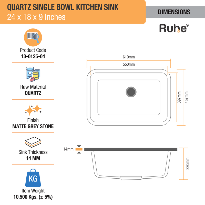 Quartz Single Bowl Grey Stone Round Kitchen Sink (24 x 18 x 9 Inches)