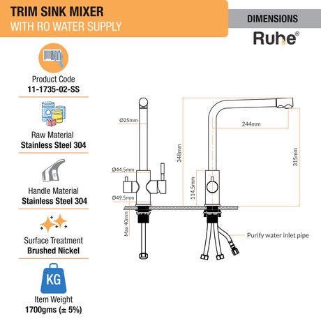 Trimm Single Lever Table Mount Sink Mixer Faucet with  RO Water Supply (Silver) 304-Grade SS - by Ruhe