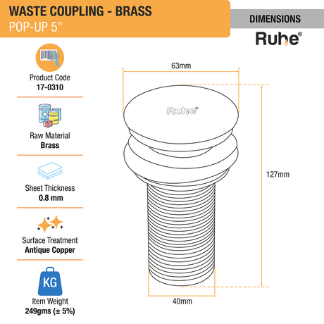 Pop-up Waste Coupling in Antique Copper PVD Coating (5 Inches) dimensions and sizes