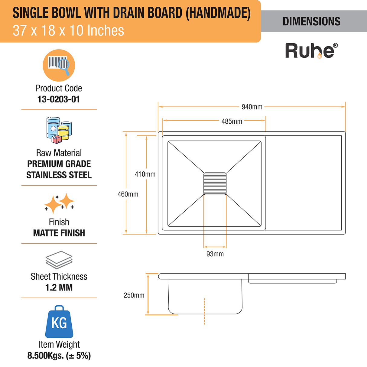 Handmade Single Bowl with Drainboard (37 x 18 x 10 Inches) Kitchen Sink - by Ruhe