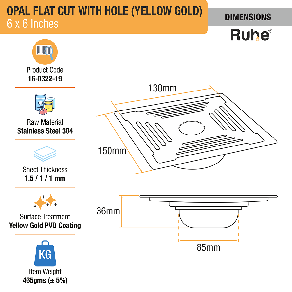Opal Square Flat Cut Floor Drain in Yellow Gold PVD Coating (6 x 6 Inches) with Hole dimensions and sizes