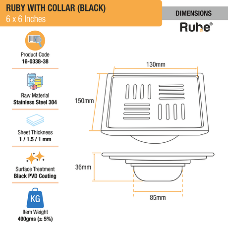 Ruby Square 304-Grade Floor Drain in Black PVD Coating (6 x 6 Inches) dimensions and sizes