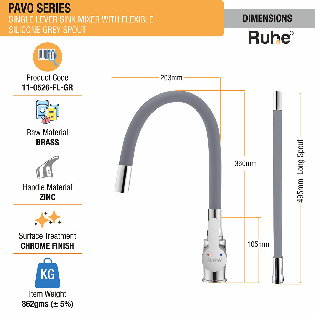 Pavo Single Lever Sink Mixer with Silicone Grey Flexible Spout dimensions and sizes