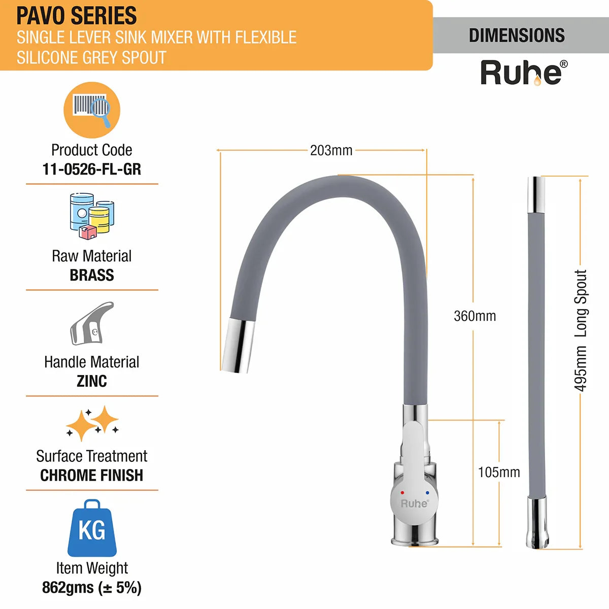 Pavo Single Lever Deck-mount Kitchen Sink Mixer Tap with Coloured Flexible Silicone Spout