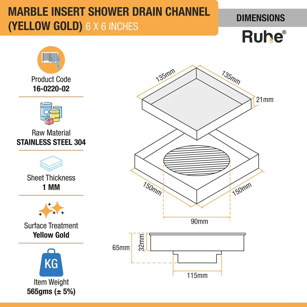 Marble-Insert Shower Drain Channel (6 x 6 Inches)